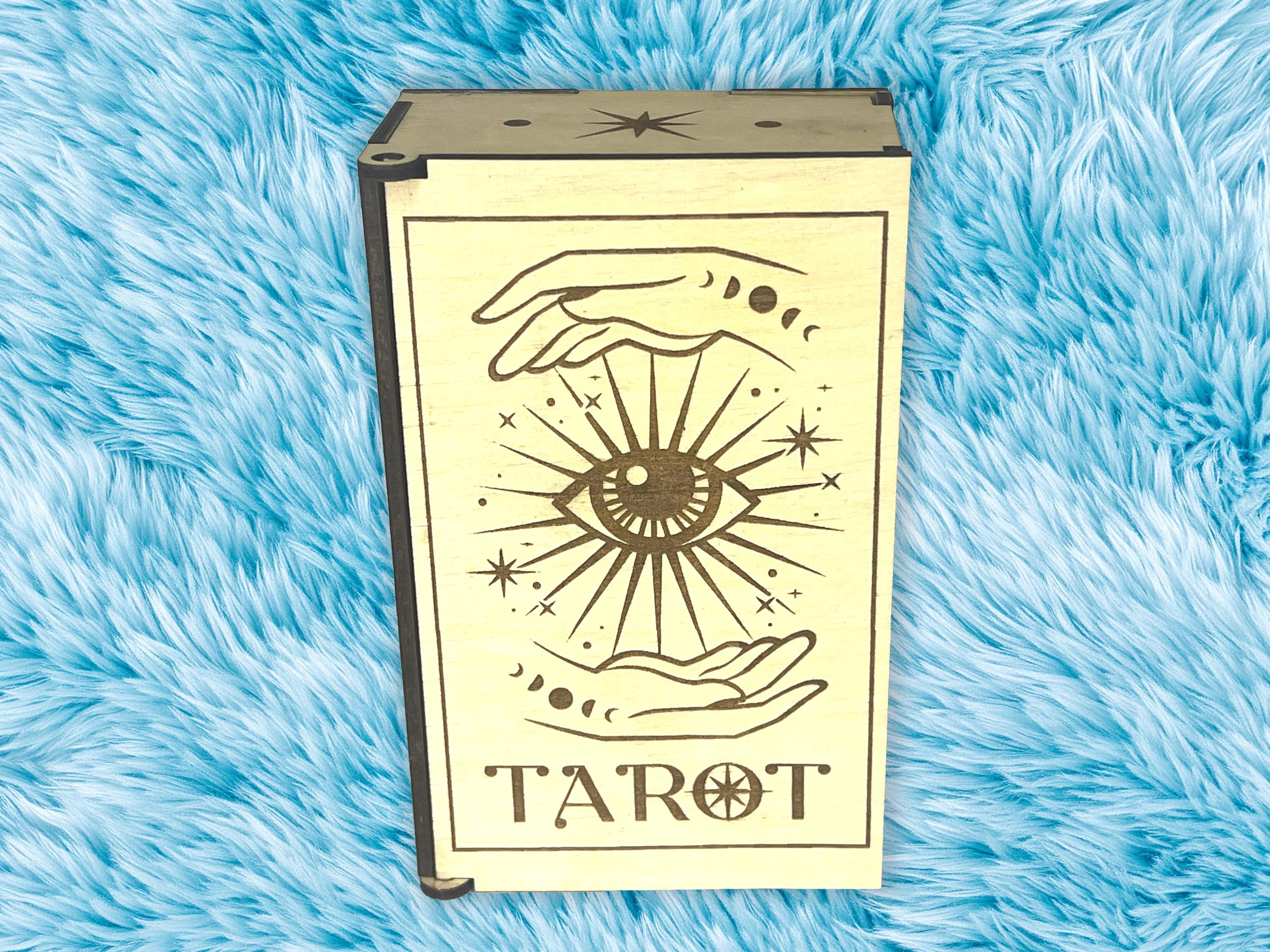 Custom Engraved Tarot Card Box | Handcrafted Wooden Storage Holder for Tarot Decks | Spiritual Gift – Free Gemstones & Stickers