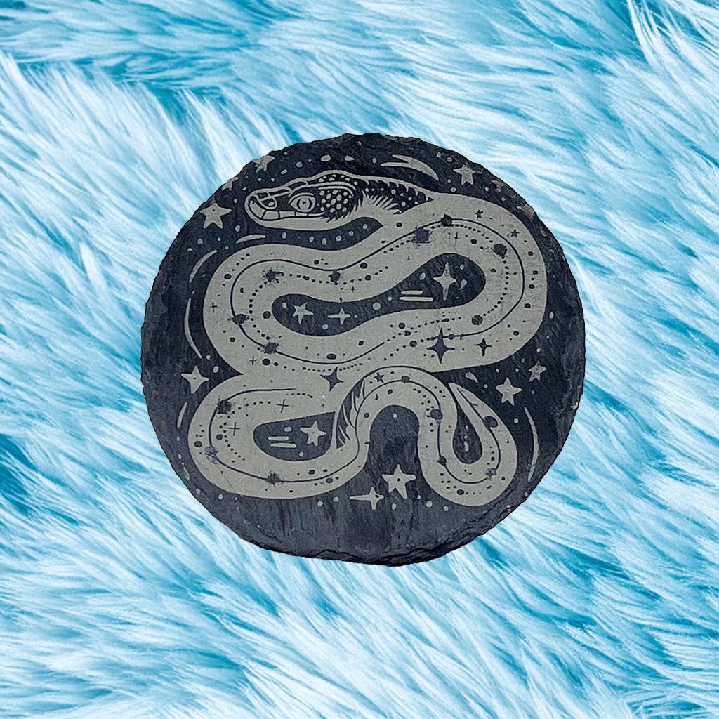 Witchy Slate Coaster Set | Boho Spiritual Home Decor, 4" Engraved Natural Stone Drink Coasters – Free Crystals & Stickers Gift