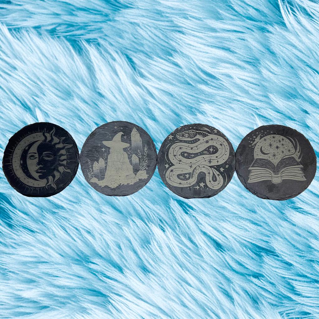 Witchy Slate Coaster Set | Boho Spiritual Home Decor, 4" Engraved Natural Stone Drink Coasters – Free Crystals & Stickers Gift
