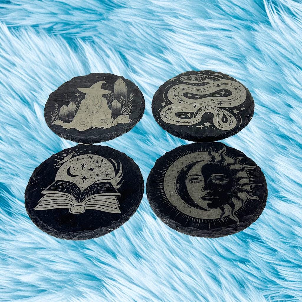 Witchy Slate Coaster Set | Boho Spiritual Home Decor, 4" Engraved Natural Stone Drink Coasters – Free Crystals & Stickers Gift