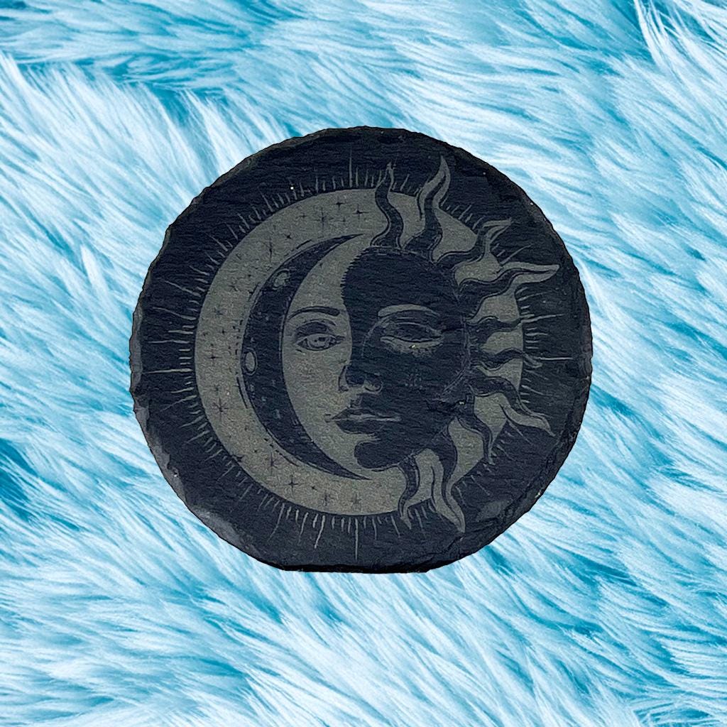 Witchy Slate Coaster Set | Boho Spiritual Home Decor, 4" Engraved Natural Stone Drink Coasters – Free Crystals & Stickers Gift