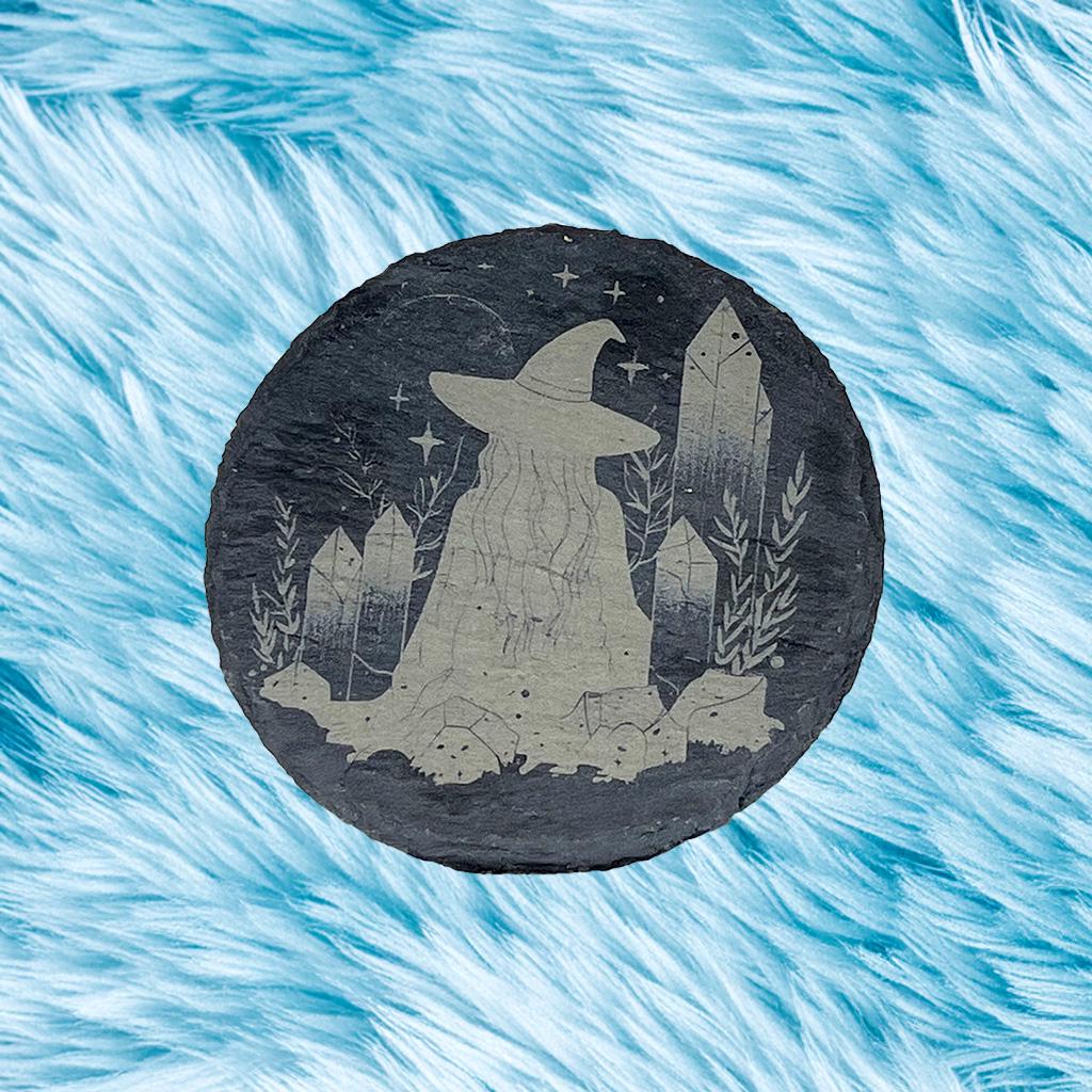 Witchy Slate Coaster Set | Boho Spiritual Home Decor, 4" Engraved Natural Stone Drink Coasters – Free Crystals & Stickers Gift