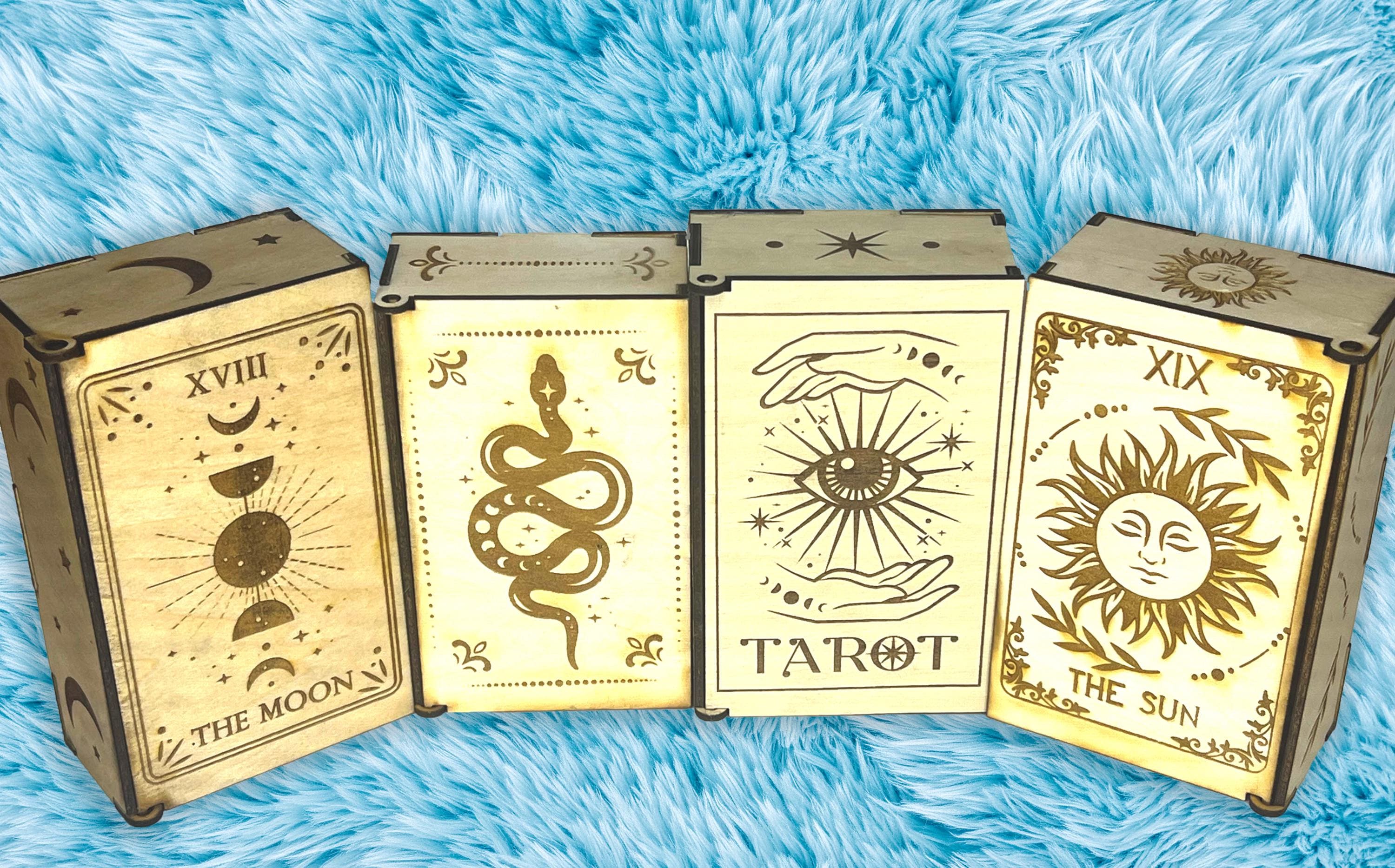 Custom Engraved Tarot Card Box | Handcrafted Wooden Storage Holder for Tarot Decks | Spiritual Gift – Free Gemstones & Stickers