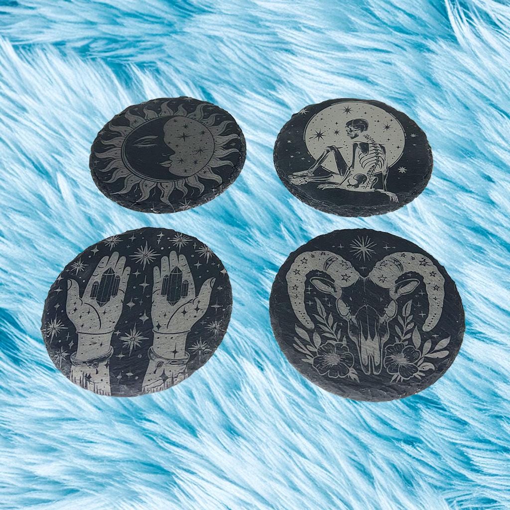 Mystical Slate Coasters | Boho Spiritual,  4" Natural Engraved Stone, Witchy Furniture Protector 4 Pack Set - Free Stickers & Stones/Crystal
